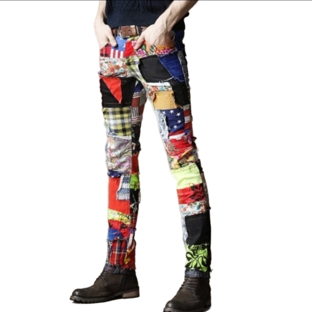 BIEPA MULTICOLORED MEN'S STRAIGHT JEANS WITH DIFFERENT FABRICS PATCHWORK ART